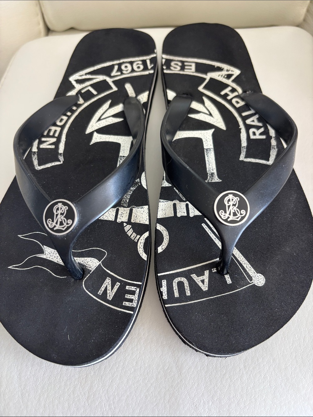 Ralph Lauren Black Flip Flop Sandals with Logo Medallion - Picture 6 of 8